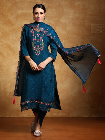 Varanga Women Floral Motif Thread Embroidered Yoke Kurta with Trouser & Dupatta